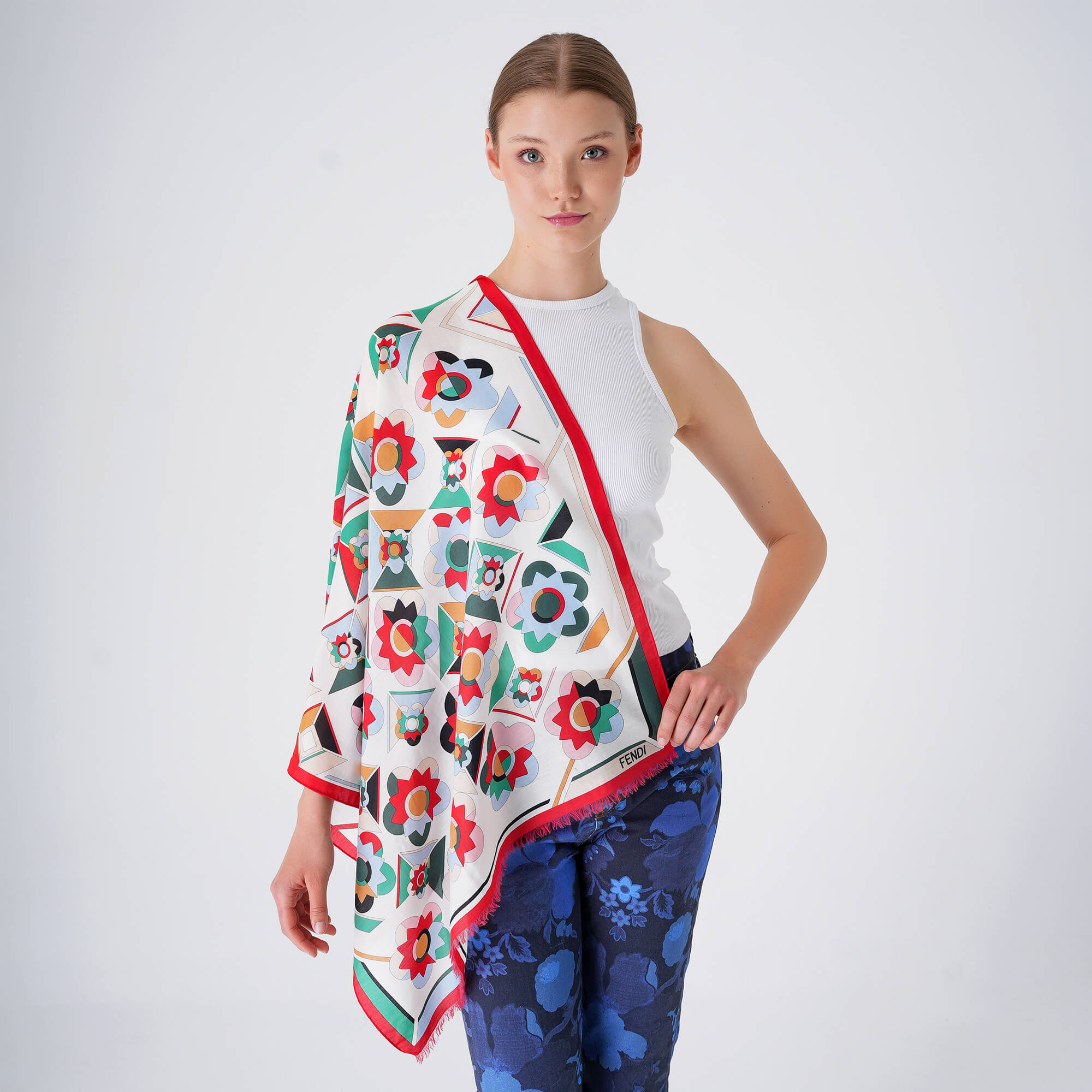 Fendi - Red&Multicolor Floral Print Cotton Shawl /Scarf